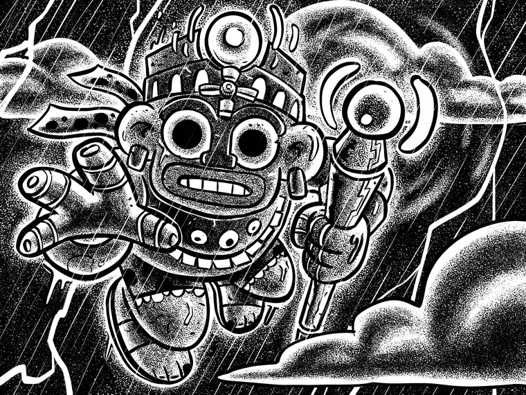 Rain god with circuit eyes