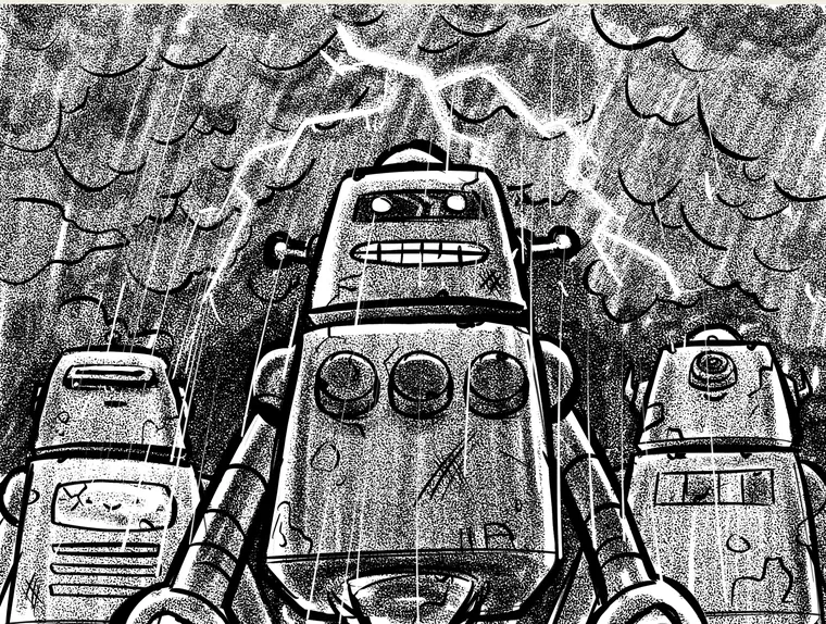 Three robots in the lightning