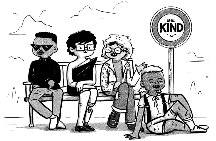 Four kids at the bus stop