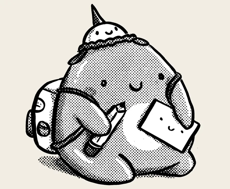 Blob with a book and a pencil
