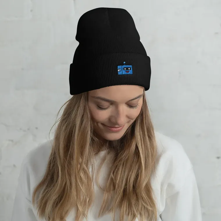 Blue boto on a beanie