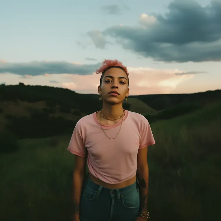Pink tee, golden hour stare